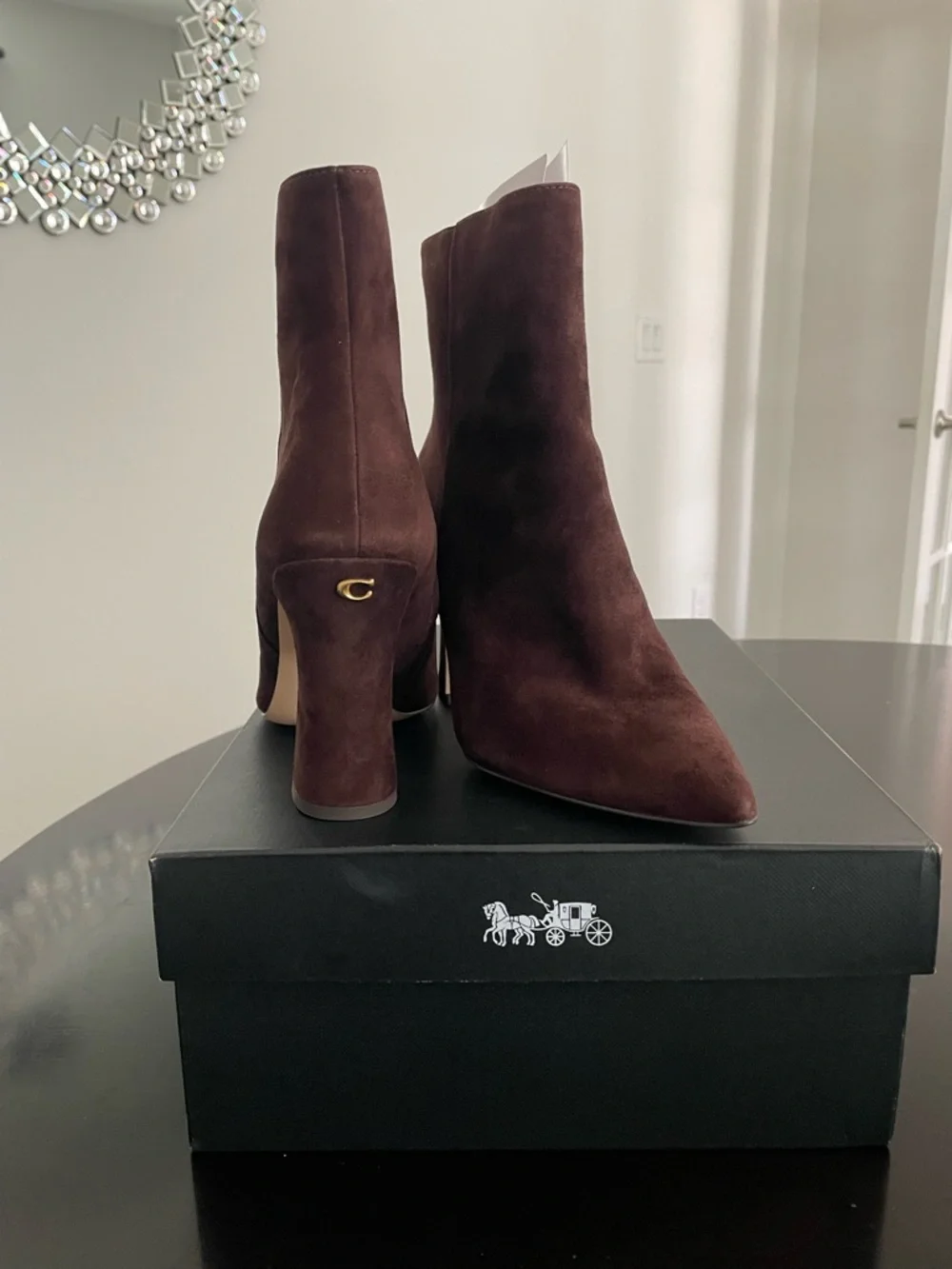 Coach Brown Suede Pointed Toe Block Heel Ankle Booties - Picture 1 of 6